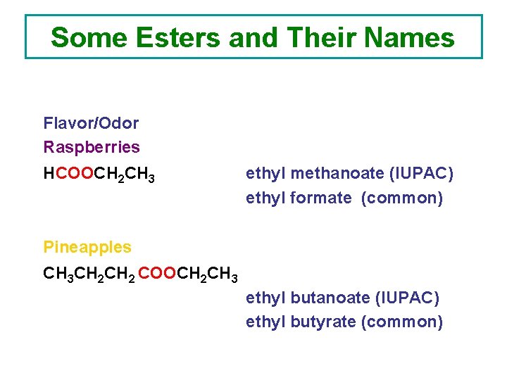 Some Esters and Their Names Flavor/Odor Raspberries HCOOCH 2 CH 3 ethyl methanoate (IUPAC)