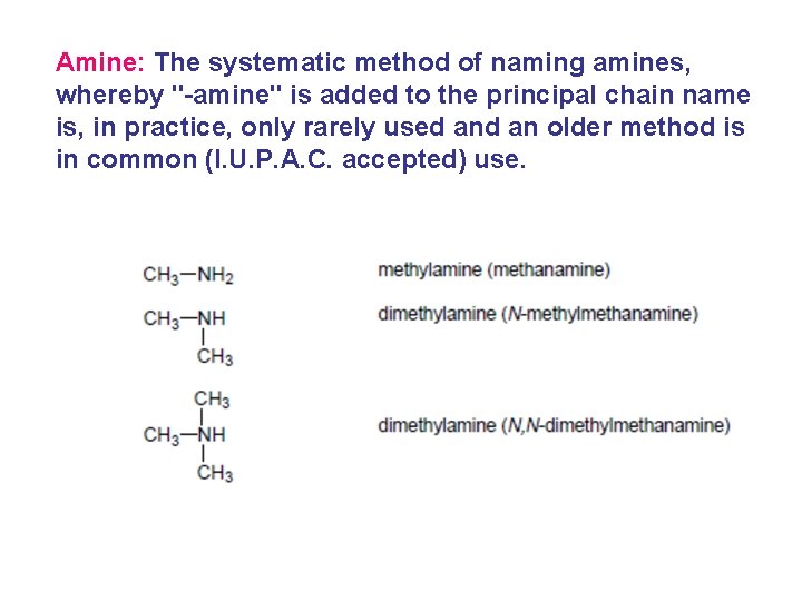 Amine: The systematic method of naming amines, whereby "-amine" is added to the principal