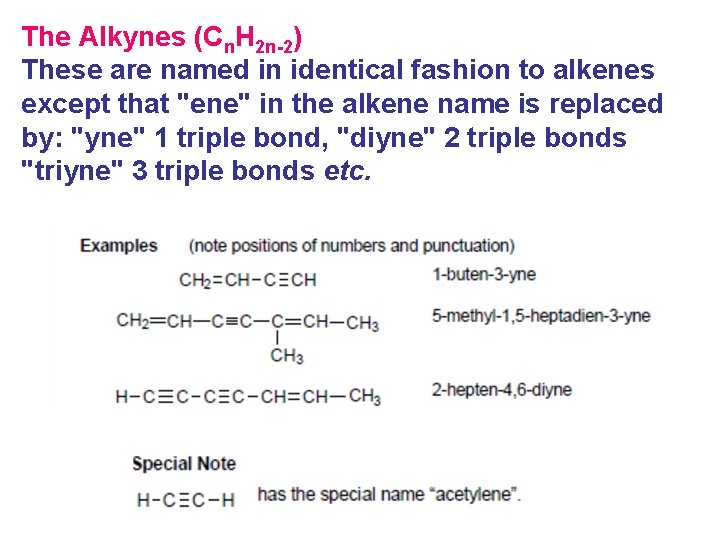 The Alkynes (Cn. H 2 n-2) These are named in identical fashion to alkenes