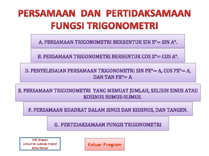 PERSAMAAN DAN PERTIDAKSAMAAN FUNGSI TRIGONOMETRI Klik Shapes Untuk ke subbab materi Atau keluar Keluar