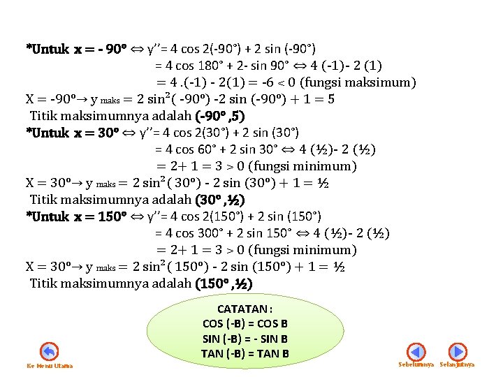 *Untuk x = - 90° ⇔ y’’= 4 cos 2(-90°) + 2 sin (-90°)