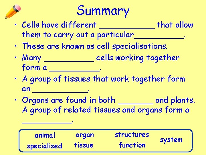Summary • Cells have different ______ that allow them to carry out a particular_____.