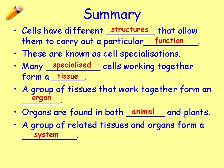 Summary structures that allow • Cells have different _____ function them to carry out