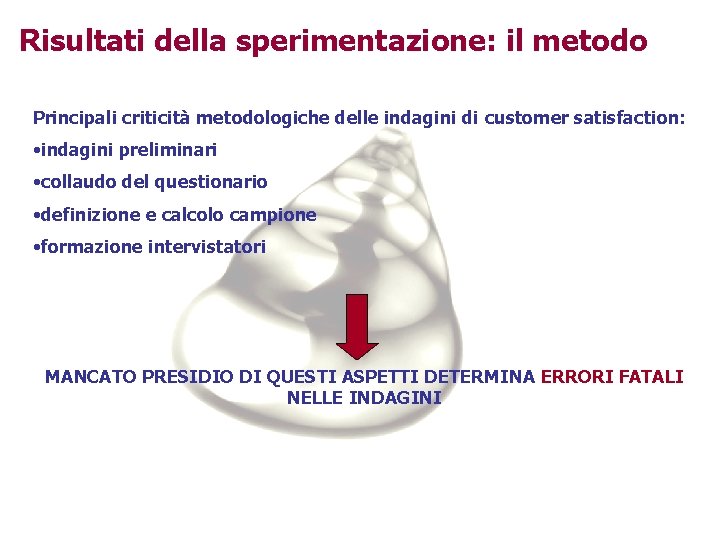 Risultati della sperimentazione: il metodo Principali criticità metodologiche delle indagini di customer satisfaction: •