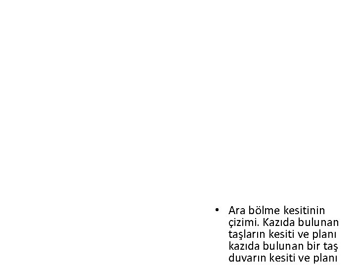  • Ara bölme kesitinin çizimi. Kazıda bulunan taşların kesiti ve planı kazıda bulunan