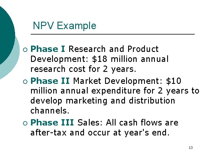 NPV Example Phase I Research and Product Development: $18 million annual research cost for