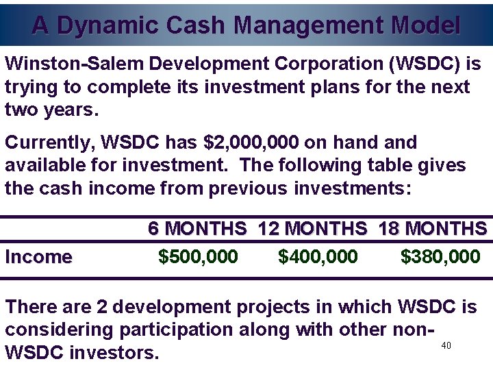 A Dynamic Cash Management Model Winston-Salem Development Corporation (WSDC) is trying to complete its