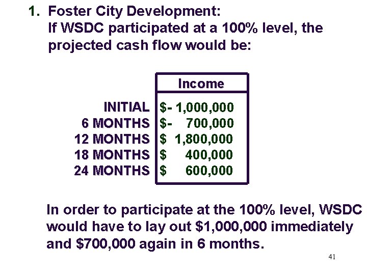 1. Foster City Development: If WSDC participated at a 100% level, the projected cash