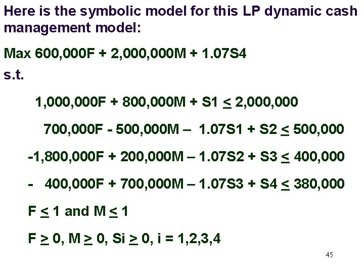 Here is the symbolic model for this LP dynamic cash management model: Max 600,