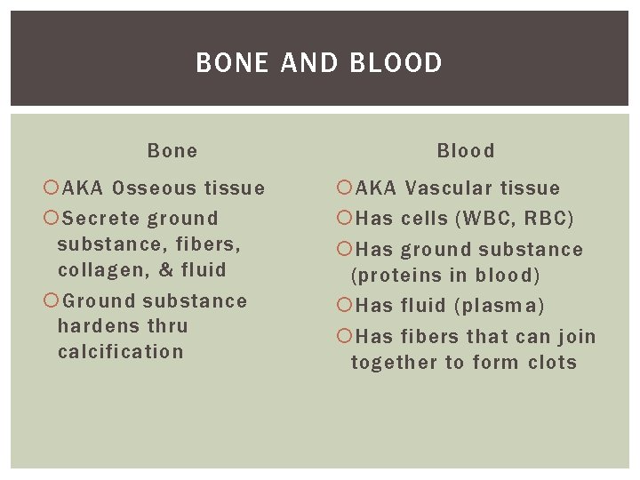 BONE AND BLOOD Bone AKA Osseous tissue Secrete ground substance, fibers, collagen, & fluid