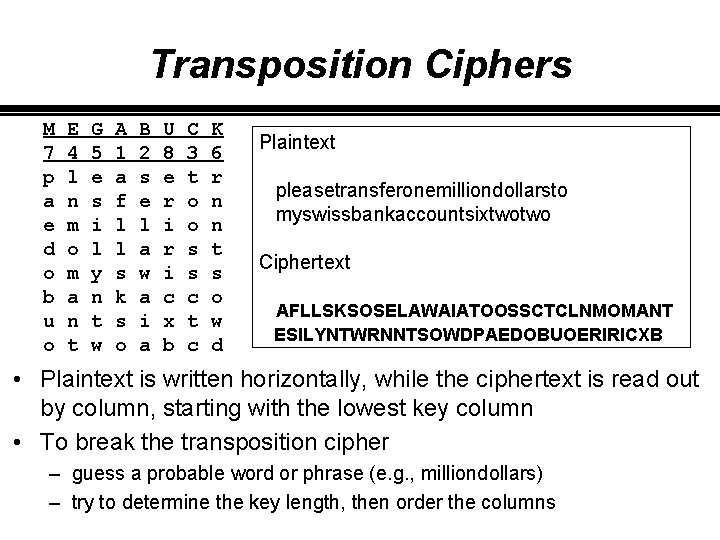 Transposition Ciphers M 7 p a e d o b u o E 4