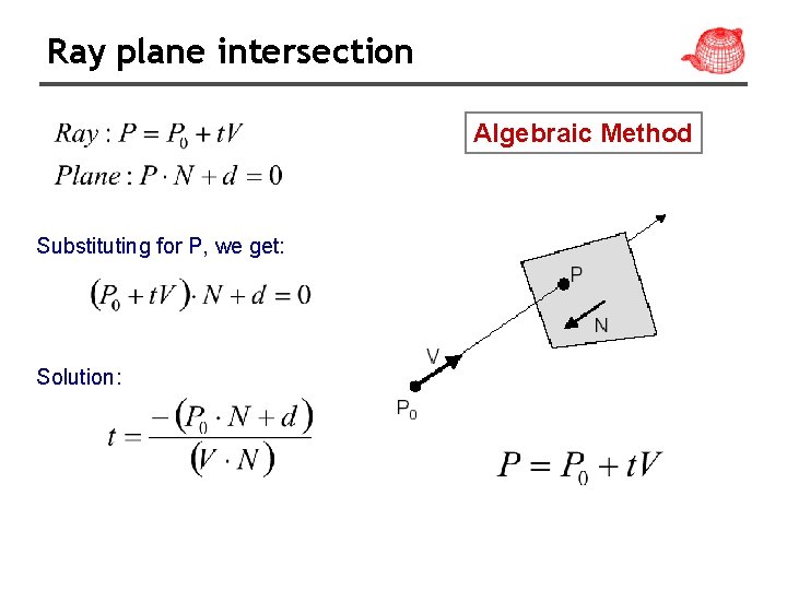 Ray plane intersection Algebraic Method Substituting for P, we get: Solution: 