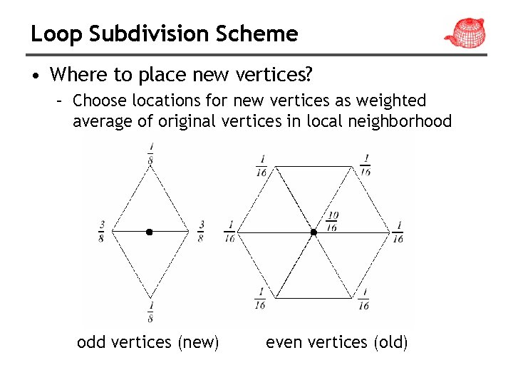 Loop Subdivision Scheme • Where to place new vertices? – Choose locations for new