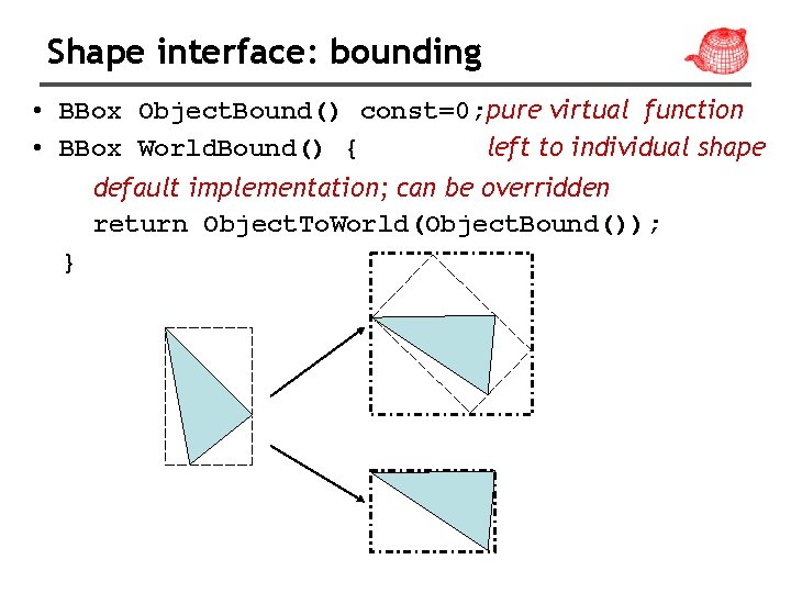 Shape interface: bounding • BBox Object. Bound() const=0; pure virtual function • BBox World.