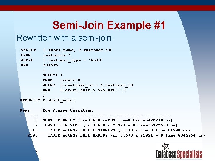Semi-Join Example #1 Rewritten with a semi-join: SELECT FROM WHERE AND C. short_name, C.