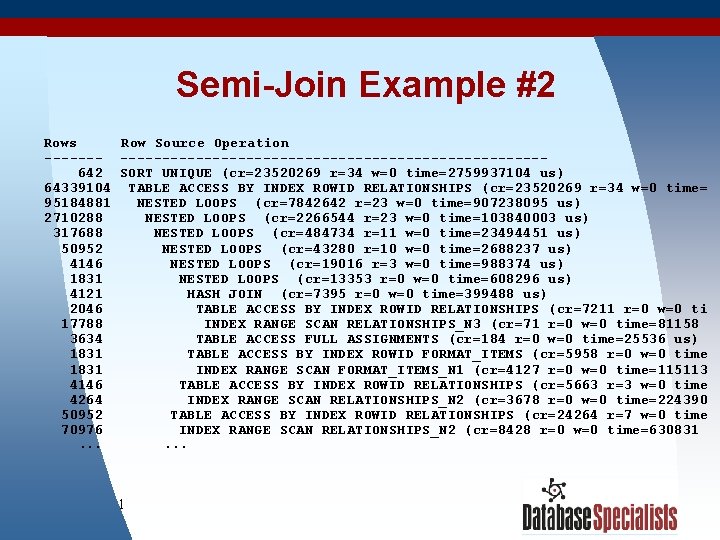 Semi-Join Example #2 Rows Row Source Operation -----------------------------642 SORT UNIQUE (cr=23520269 r=34 w=0 time=2759937104