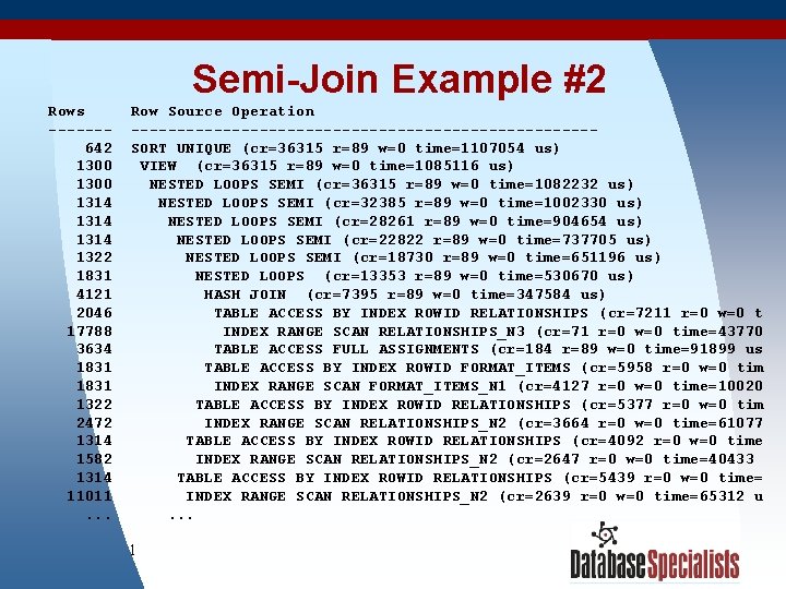 Semi-Join Example #2 Rows ------642 1300 1314 1322 1831 4121 2046 17788 3634 1831