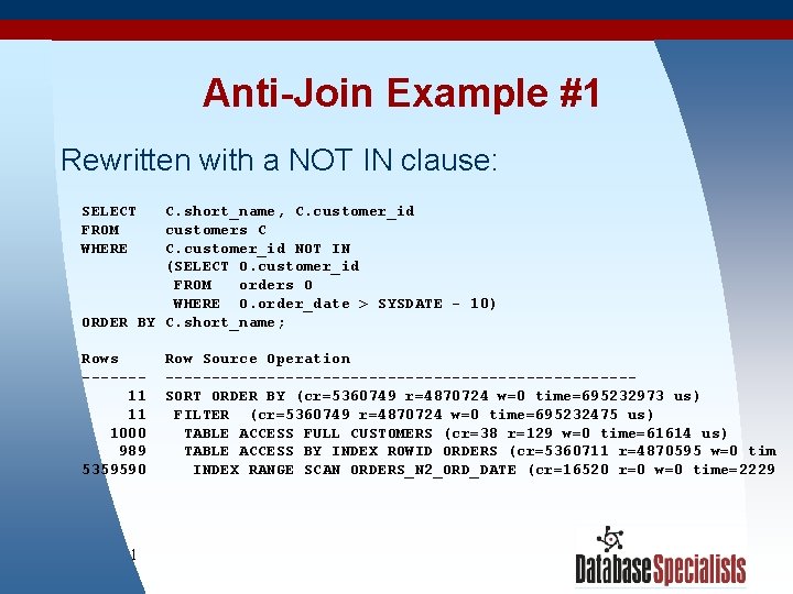 Anti-Join Example #1 Rewritten with a NOT IN clause: SELECT FROM WHERE C. short_name,