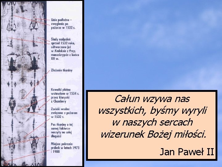 Całun wzywa nas wszystkich, byśmy wyryli w naszych sercach wizerunek Bożej miłości. Jan Paweł