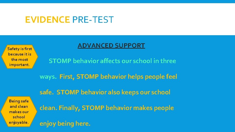 EVIDENCE PRE-TEST Safety is first because it is the most important. ADVANCED SUPPORT STOMP