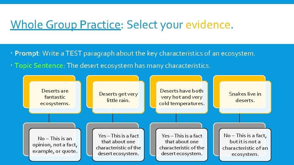Whole Group Practice: Select your evidence. Prompt: Write a TEST paragraph about the key