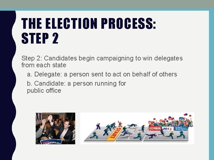 THE ELECTION PROCESS: STEP 2 Step 2: Candidates begin campaigning to win delegates from