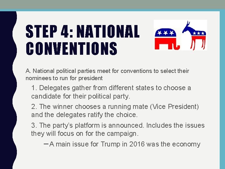 STEP 4: NATIONAL CONVENTIONS A. National political parties meet for conventions to select their