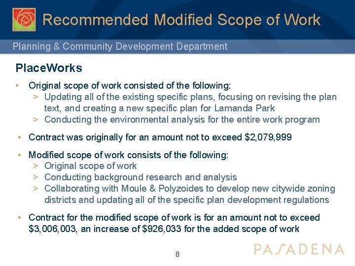 Recommended Modified Scope of Work Planning & Community Development Department Place. Works • Original