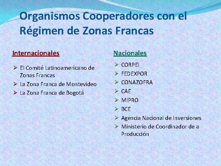 Organismos Cooperadores con el Régimen de Zonas Francas Internacionales Nacionales Ø El Comité Latinoamericano