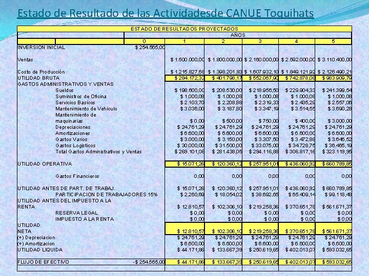 Estado de Resultado de las Actividadesde CANUE Toquihats INVERSION INICIAL ESTADO DE RESULTADOS PROYECTADOS