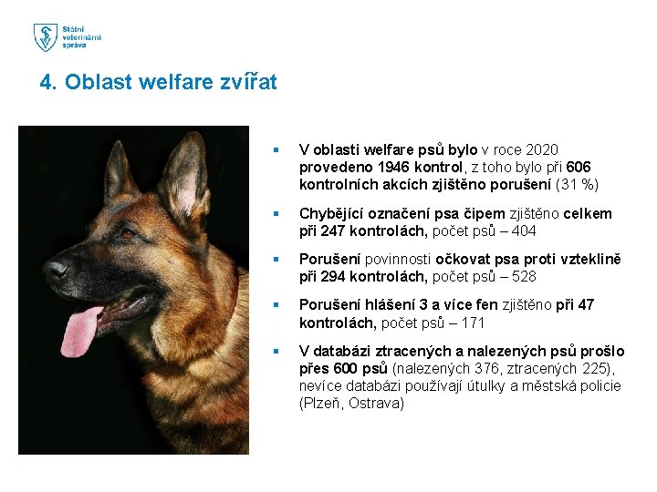 4. Oblast welfare zvířat § V oblasti welfare psů bylo v roce 2020 provedeno