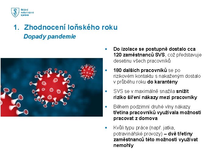 1. Zhodnocení loňského roku Dopady pandemie § Do izolace se postupně dostalo cca 120