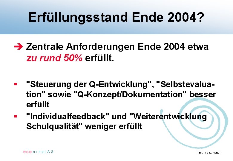 Erfüllungsstand Ende 2004? è Zentrale Anforderungen Ende 2004 etwa zu rund 50% erfüllt. §