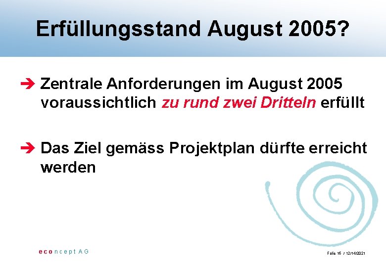 Erfüllungsstand August 2005? è Zentrale Anforderungen im August 2005 voraussichtlich zu rund zwei Dritteln