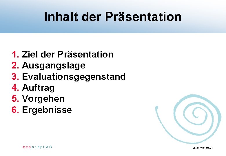 Inhalt der Präsentation 1. Ziel der Präsentation 2. Ausgangslage 3. Evaluationsgegenstand 4. Auftrag 5.