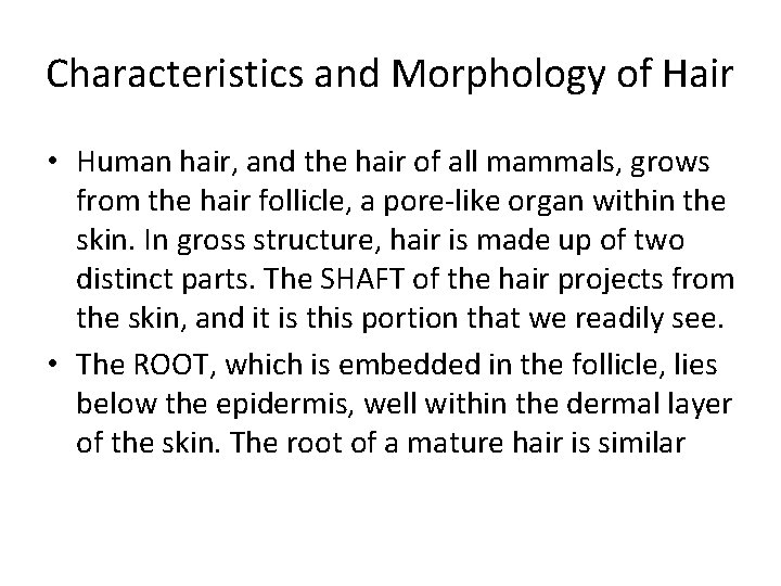 Characteristics and Morphology of Hair • Human hair, and the hair of all mammals,