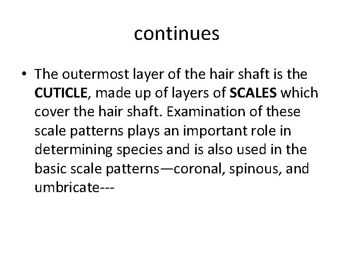 continues • The outermost layer of the hair shaft is the CUTICLE, made up