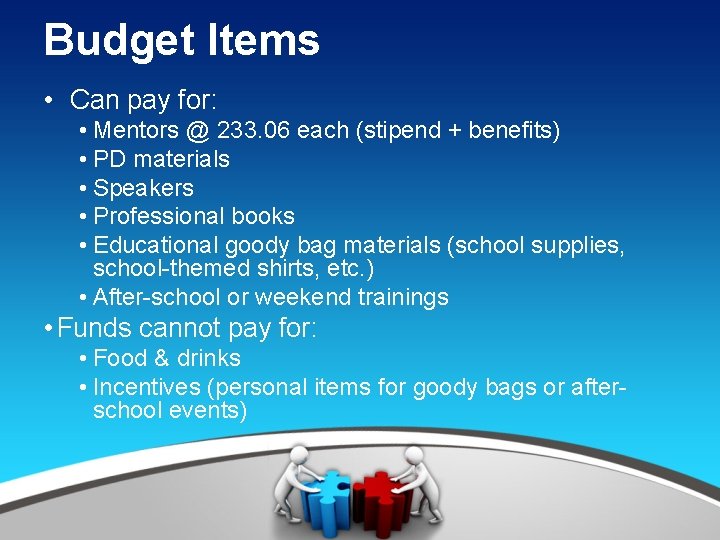 Budget Items • Can pay for: • Mentors @ 233. 06 each (stipend +