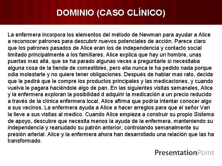 DOMINIO (CASO CLÍNICO) La enfermera incorpora los elementos del método de Newman para ayudar