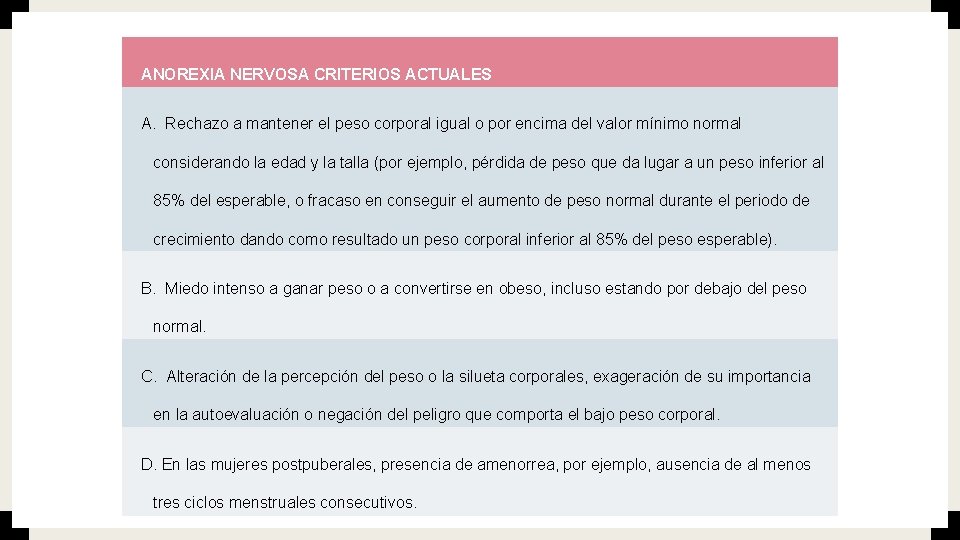 ANOREXIA NERVOSA CRITERIOS ACTUALES A. Rechazo a mantener el peso corporal igual o por