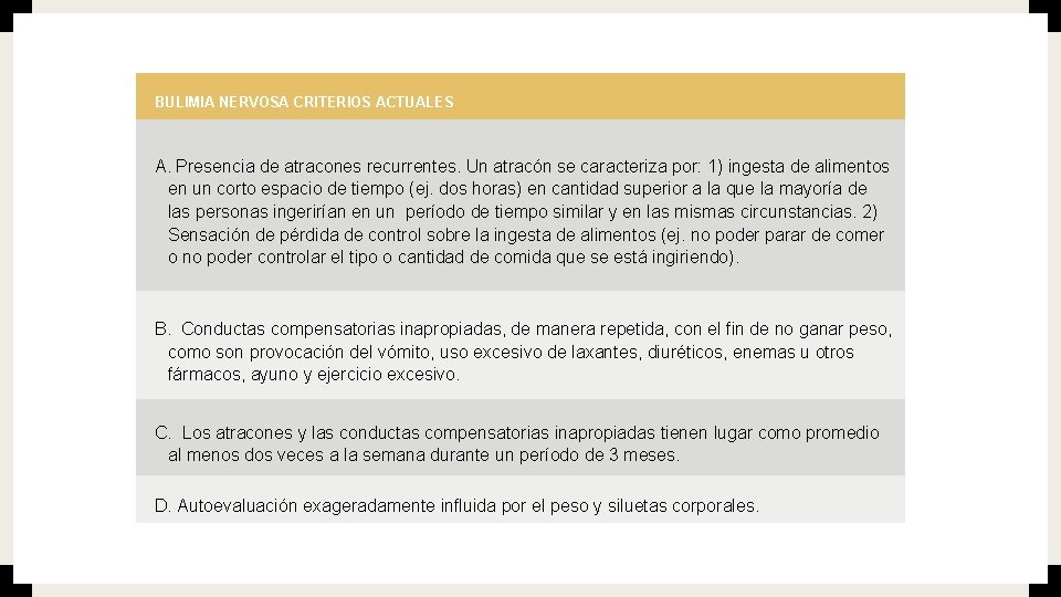 BULIMIA NERVOSA CRITERIOS ACTUALES A. Presencia de atracones recurrentes. Un atracón se caracteriza por: