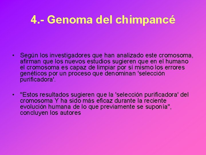 4. - Genoma del chimpancé • Según los investigadores que han analizado este cromosoma,