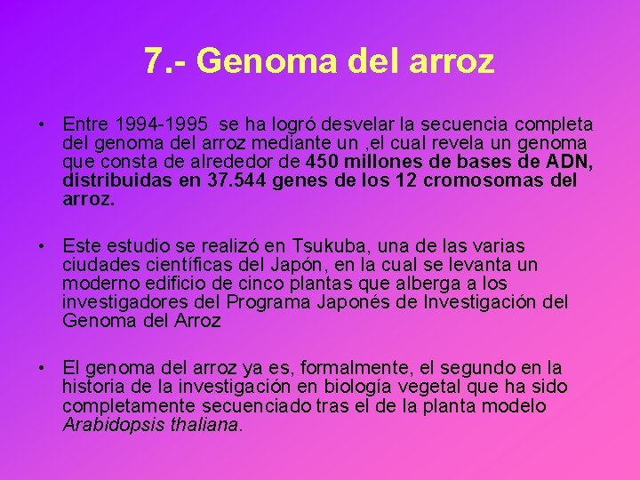 7. - Genoma del arroz • Entre 1994 -1995 se ha logró desvelar la