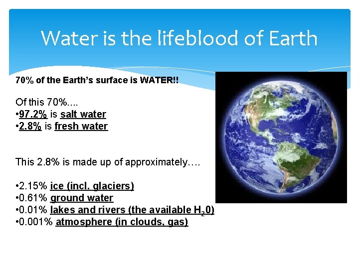 Water is the lifeblood of Earth 70% of the Earth’s surface is WATER!! Of Water is the lifeblood of Earth 70% of the Earth’s surface is WATER!! Of