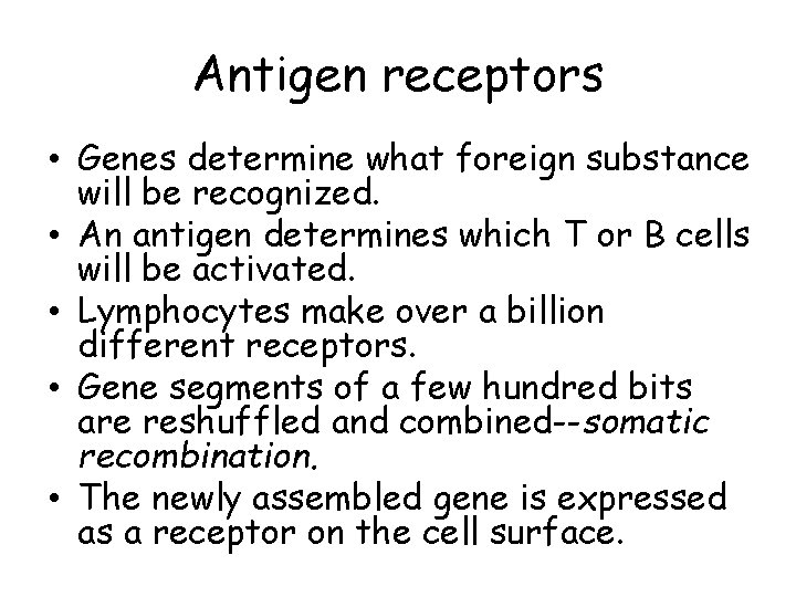 Antigen receptors • Genes determine what foreign substance will be recognized. • An antigen