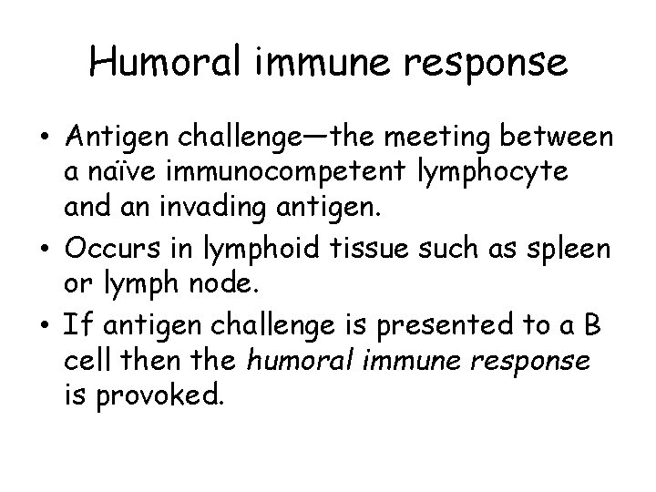 Humoral immune response • Antigen challenge—the meeting between a naïve immunocompetent lymphocyte and an