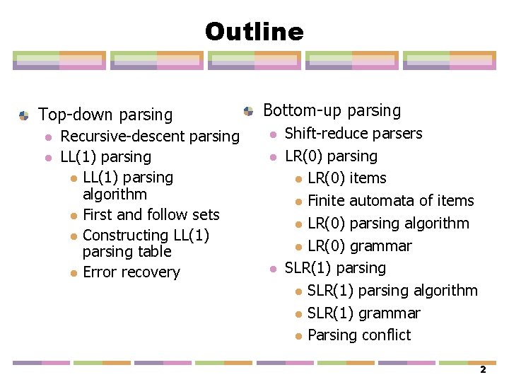 Outline Top-down parsing l l Recursive-descent parsing LL(1) parsing l LL(1) parsing algorithm l