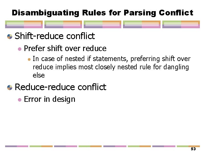 Disambiguating Rules for Parsing Conflict Shift-reduce conflict l Prefer shift over reduce l In
