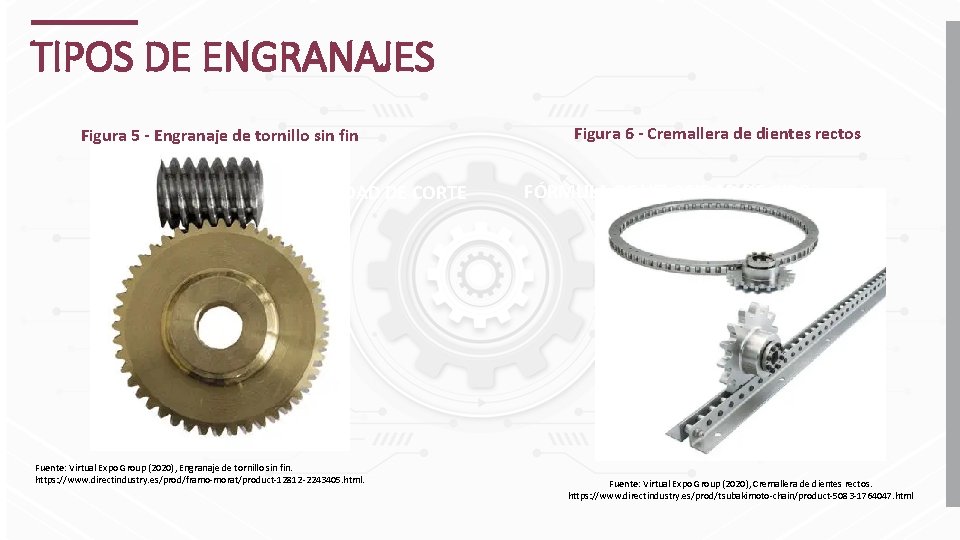 TIPOS DE ENGRANAJES Figura 5 - Engranaje de tornillo sin fin FÓRMULA DE VELOCIDAD