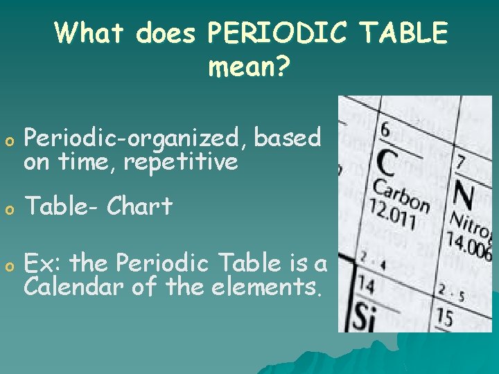 What does PERIODIC TABLE mean? o Periodic-organized, based on time, repetitive o Table- Chart